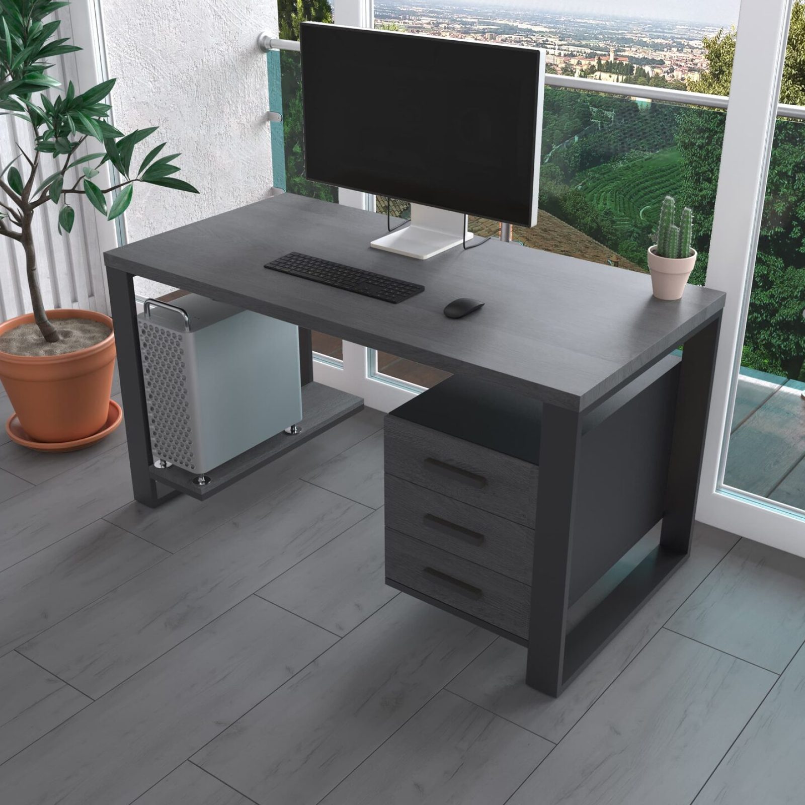 Комп'ютерний стіл з натурального дерева (дуб) Остін Wood BL 170*60*75 довжина 1.7 м, ширина 0.6 м, стільниця Сірий Камінь Чорний