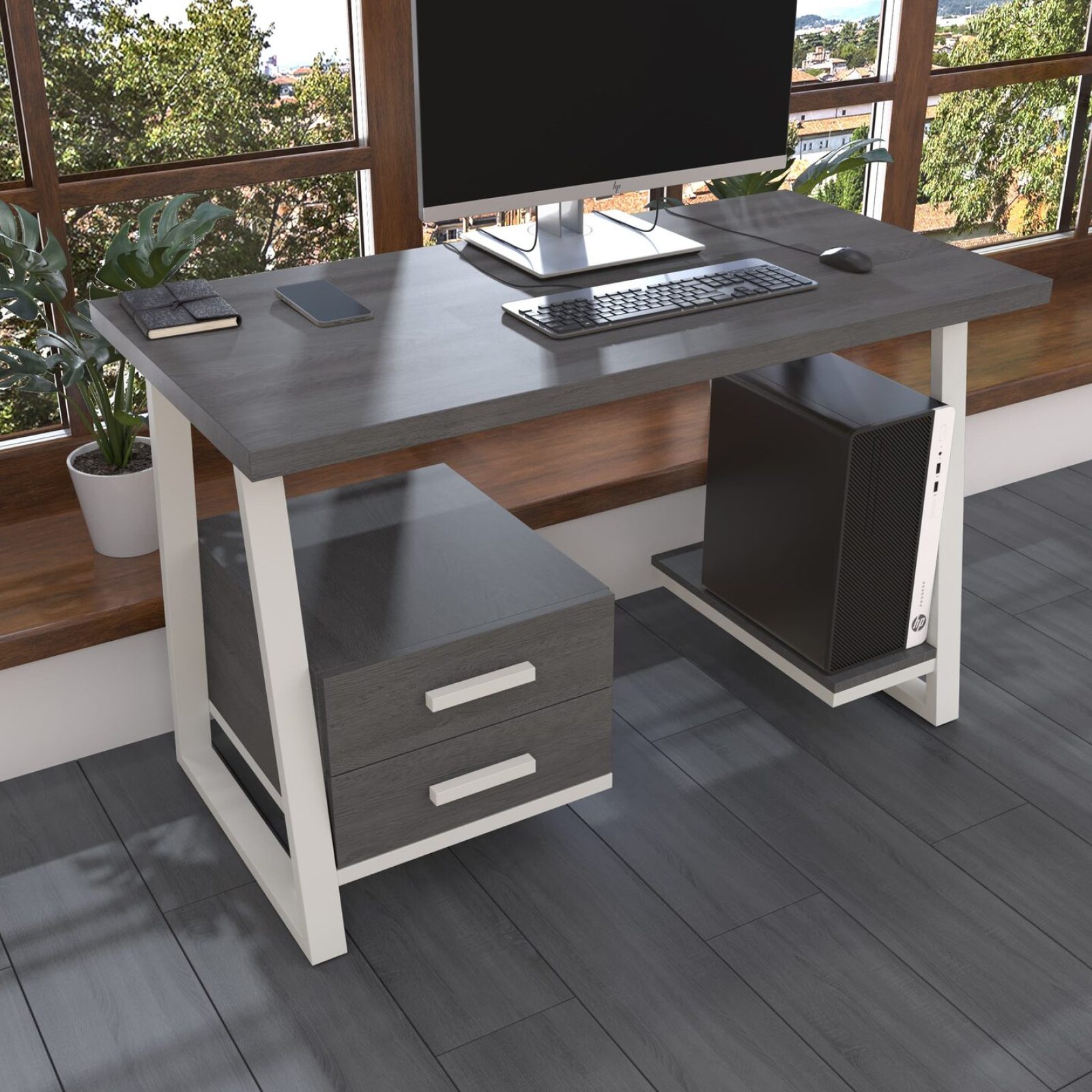 Комп'ютерний стіл з натурального дерева (дуб) Сідней Wood 120*60*75 (22290018) довжина 1.2 м, ширина 0.6 м, стільниця Сірий Камінь Білий