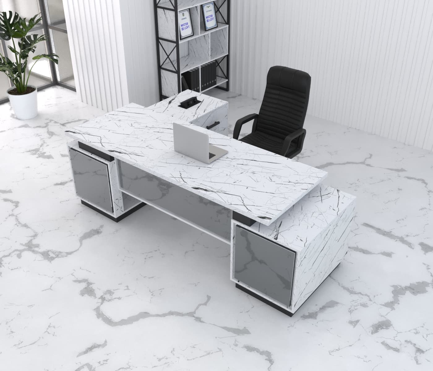 Директорські столи Дамір Glass Line 160x80 см Мармур Білий/Чорний