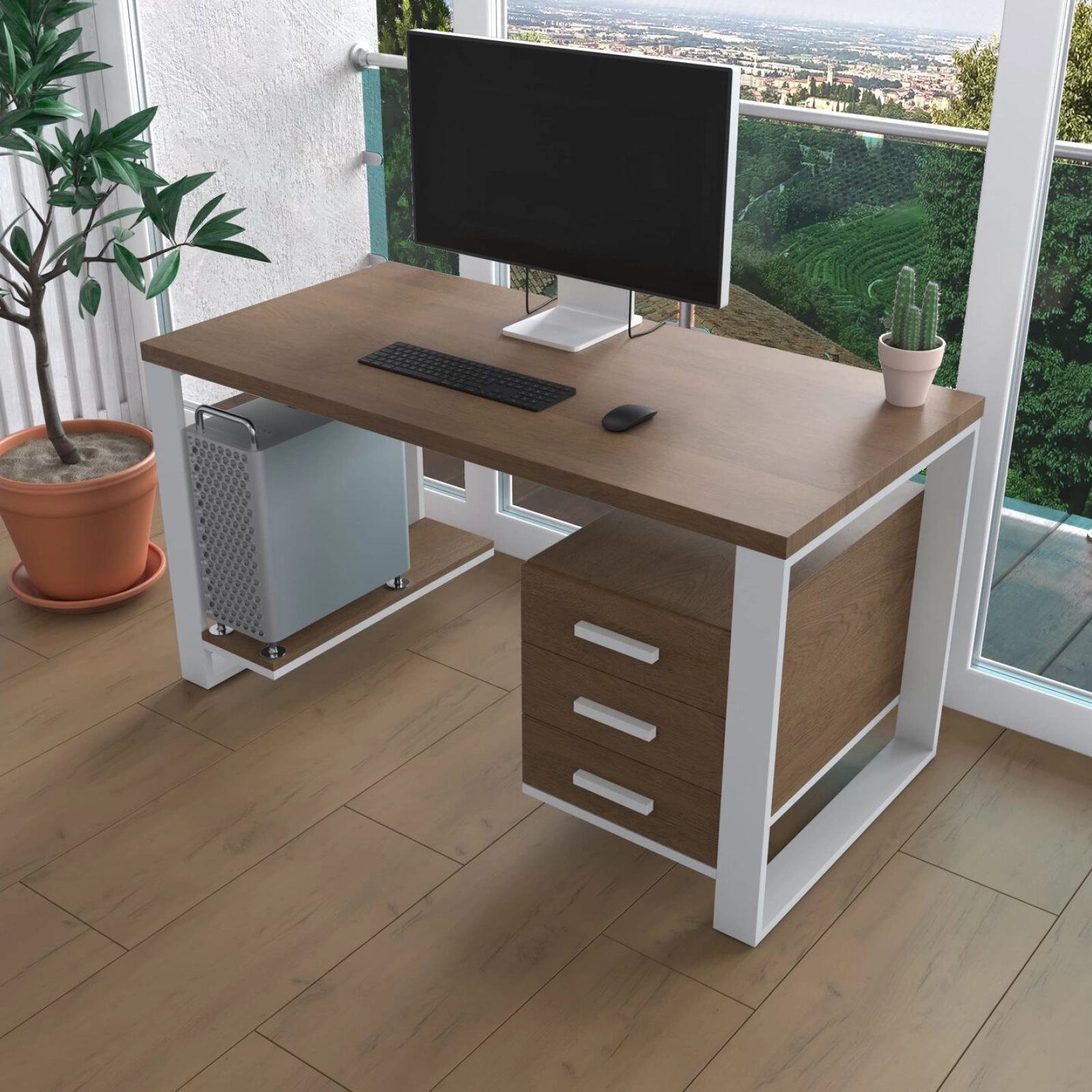 Комп'ютерний стіл з натурального дерева (дуб) Остін Wood 140*60*82 довжина 1.4 м, ширина 0.6 м, стільниця Золотистий Пісок Сірий