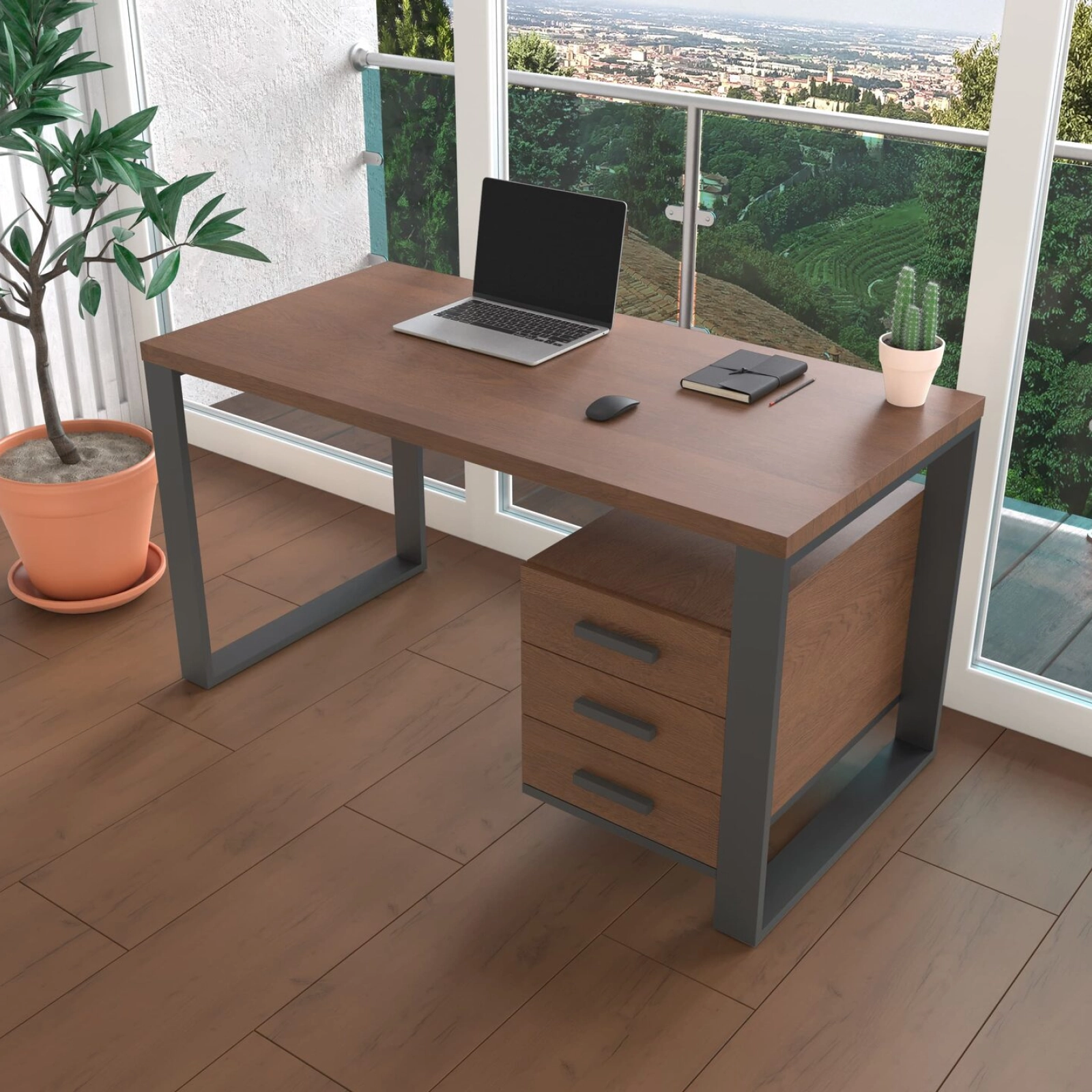 Письмовий стіл з натурального дерева (дуб) Остін Wood 120*60*75 (32230001) довжина 1.2 м, ширина 0.6 м, стільниця Махагон Світлий Чорний
