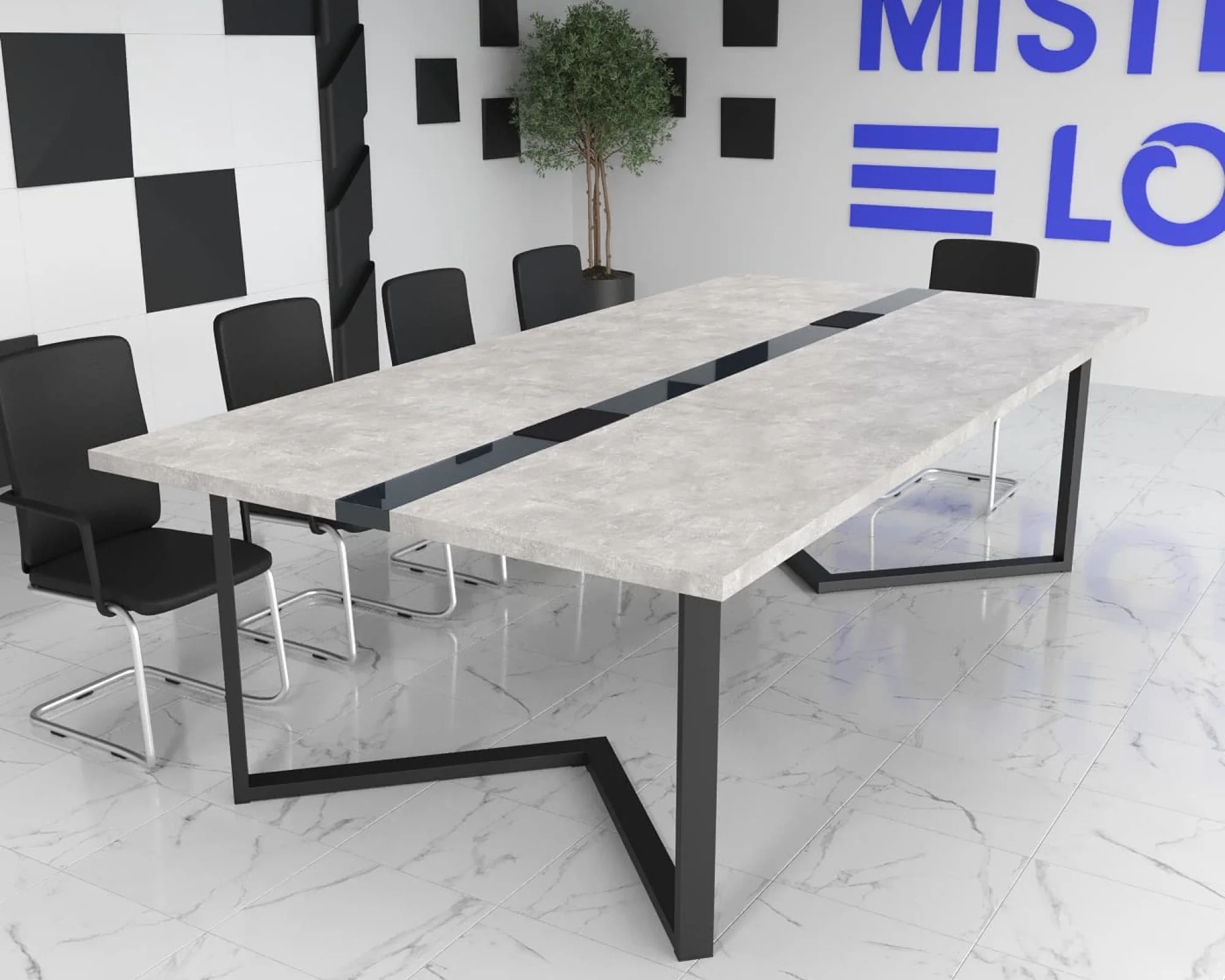 Стіл переговорний Бруклін Glass Line Скандинавське Біле Дерево/Чорний 240x90 см