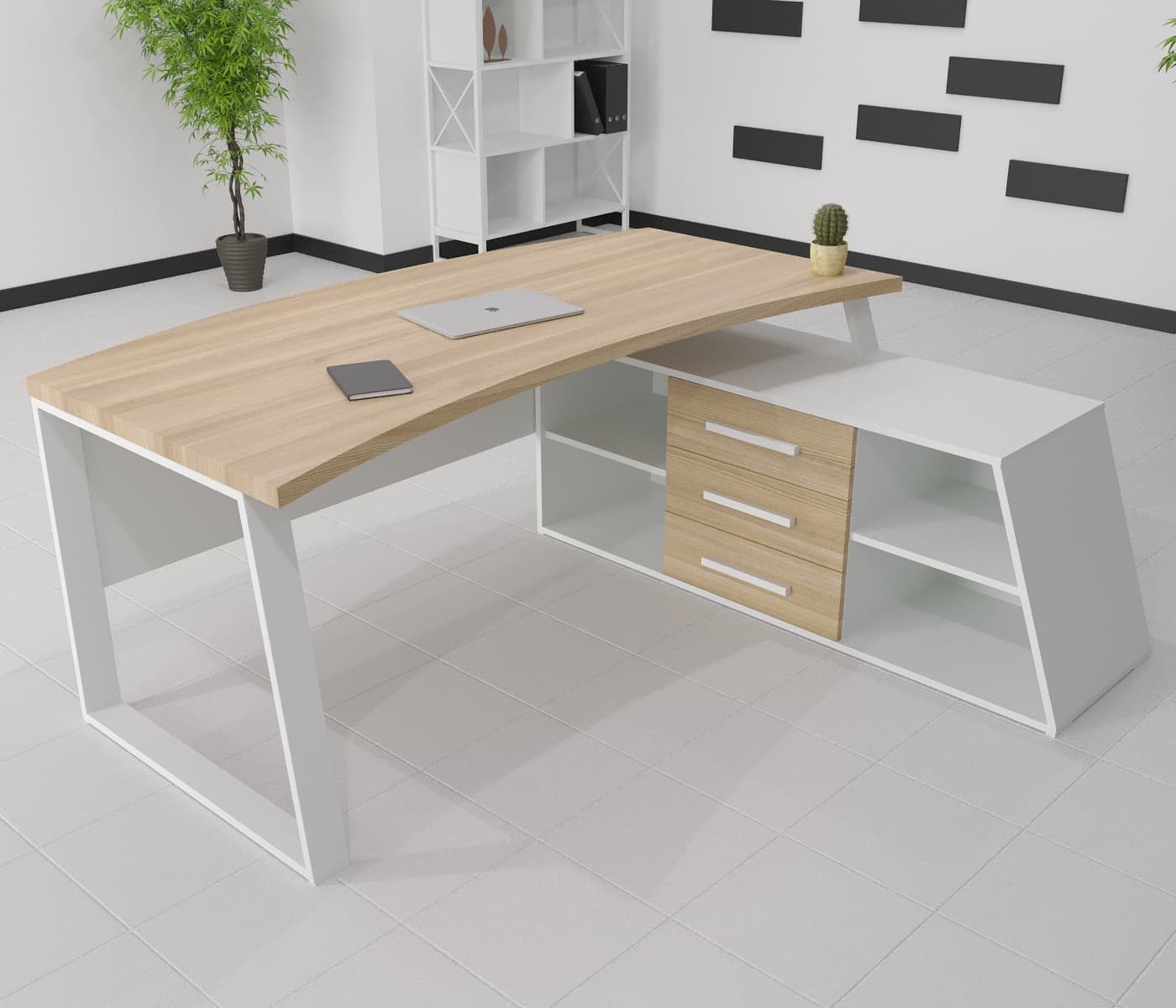 Стіл керівника Турин WOOD з масиву ясена, білий каркас